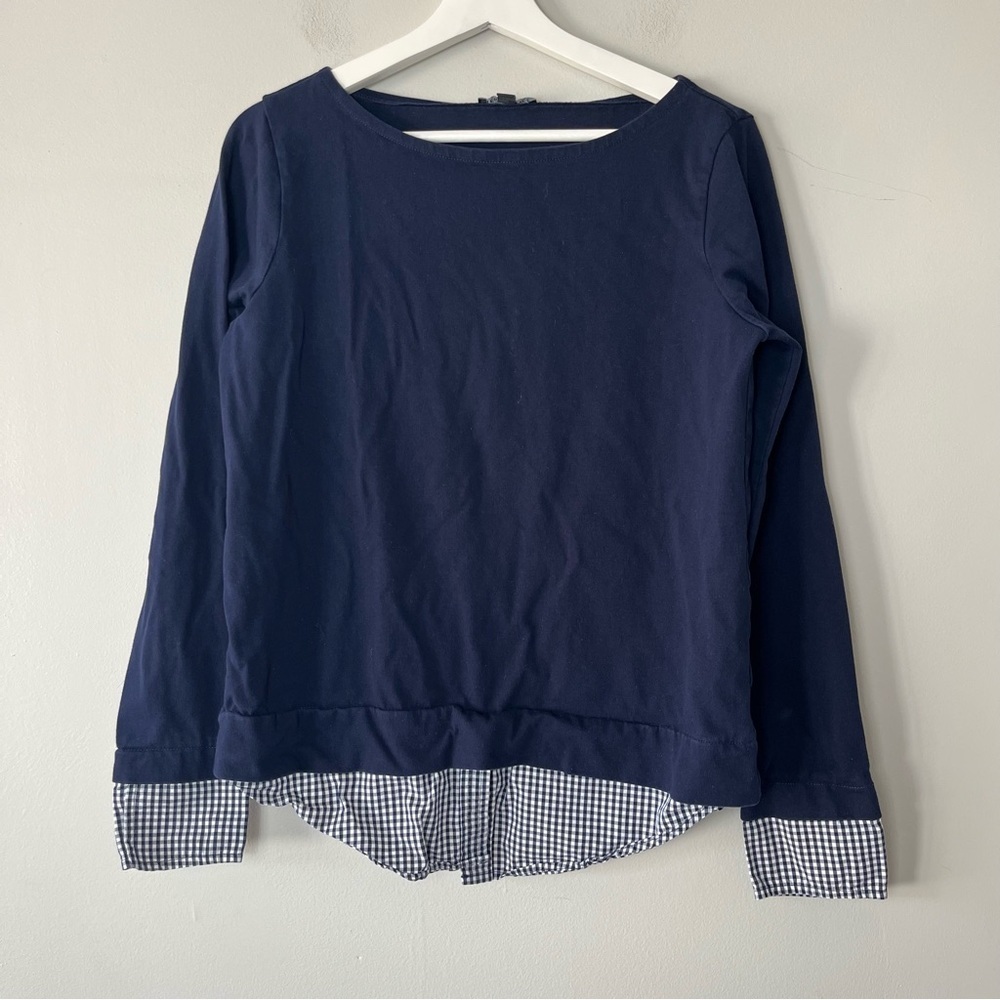 J. Crew Mercantile Navy Long Sleeve Crew Neck Gingham Detail Top Small - Picture 1 of 6